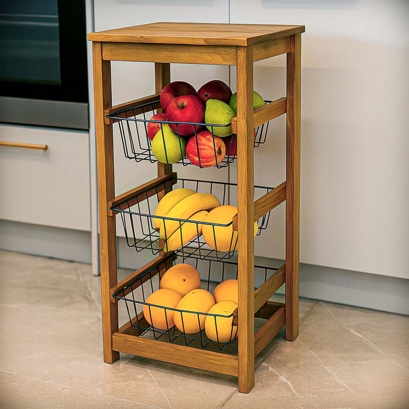 ✨ Fruteira de Madeira Natural com 3 Cestos Aramados – Organização e Praticidade para sua Cozinha